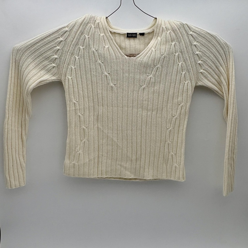 SHU+SHU Sweater Womens XS White V Neck Ribbed Cable Knit Long Sleeve Pullover